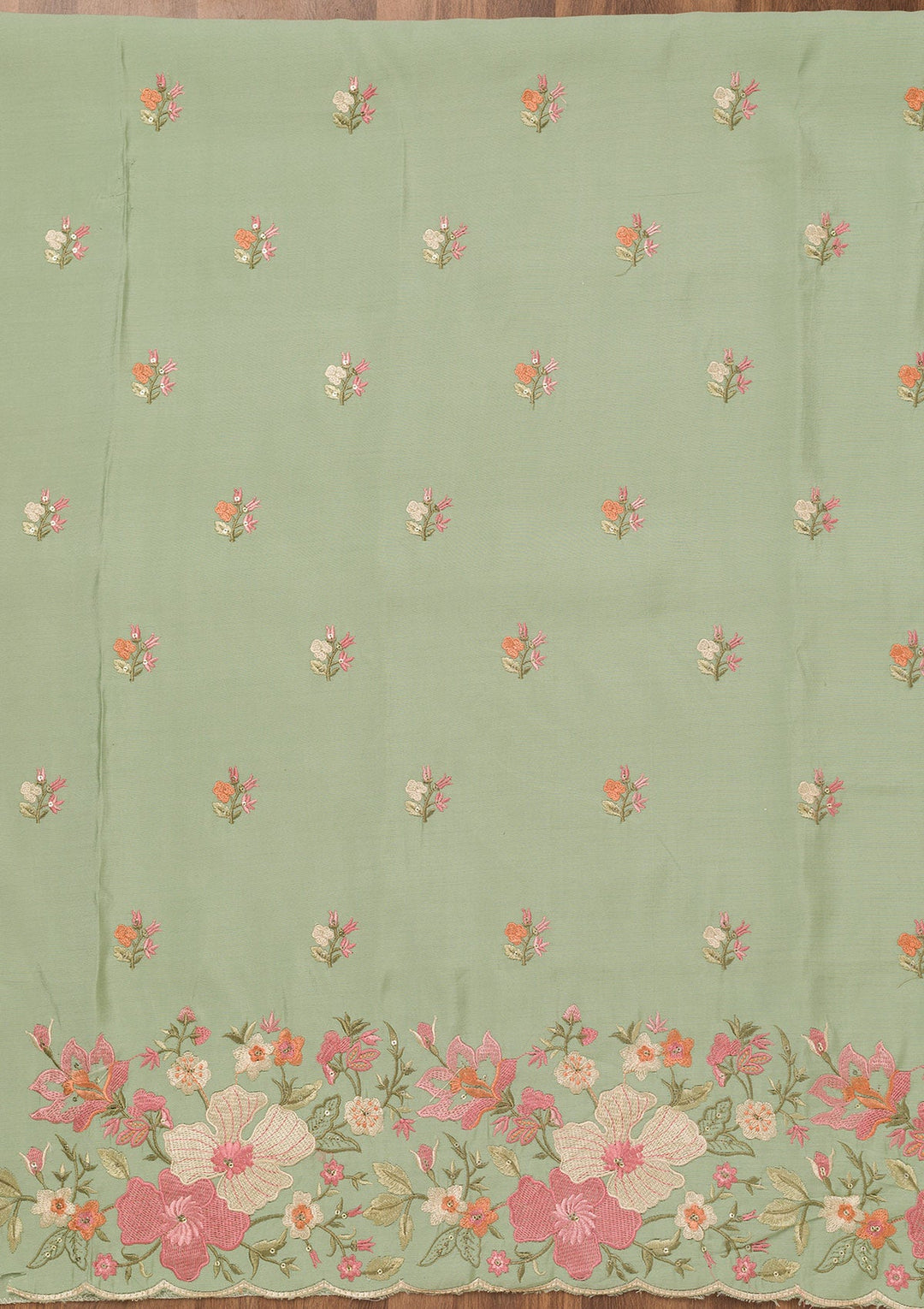 Pista Green Threadwork Chanderi Unstitched Salwar Suit-Koskii