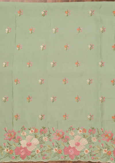 Pista Green Threadwork Chanderi Unstitched Salwar Suit-Koskii