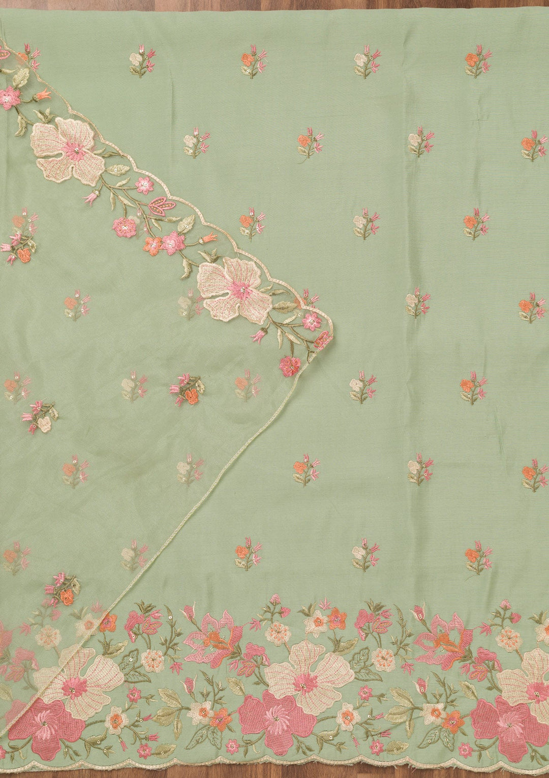 Pista Green Threadwork Chanderi Unstitched Salwar Suit-Koskii