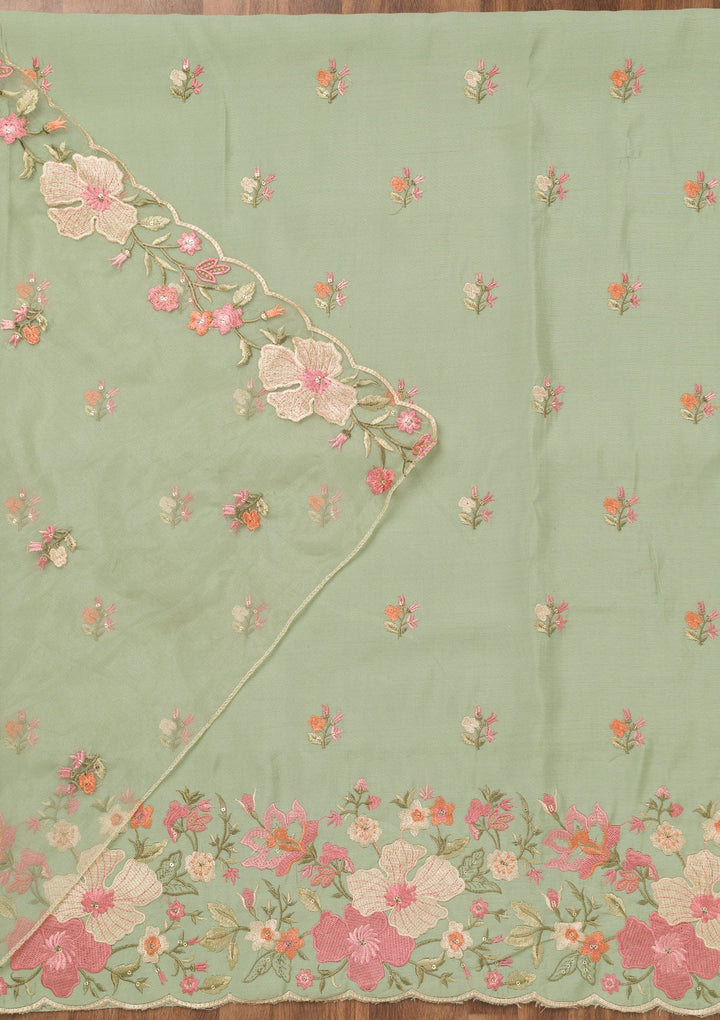 Pista Green Threadwork Chanderi Unstitched Salwar Suit-Koskii