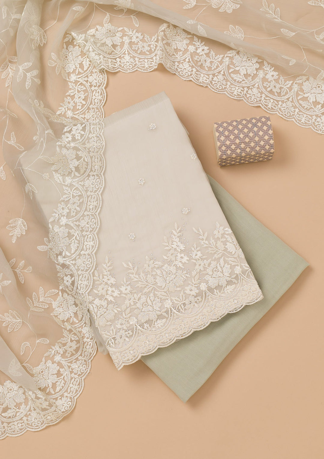 Pista Green Threadwork Chiffon Unstitched Salwar Kameez-Koskii