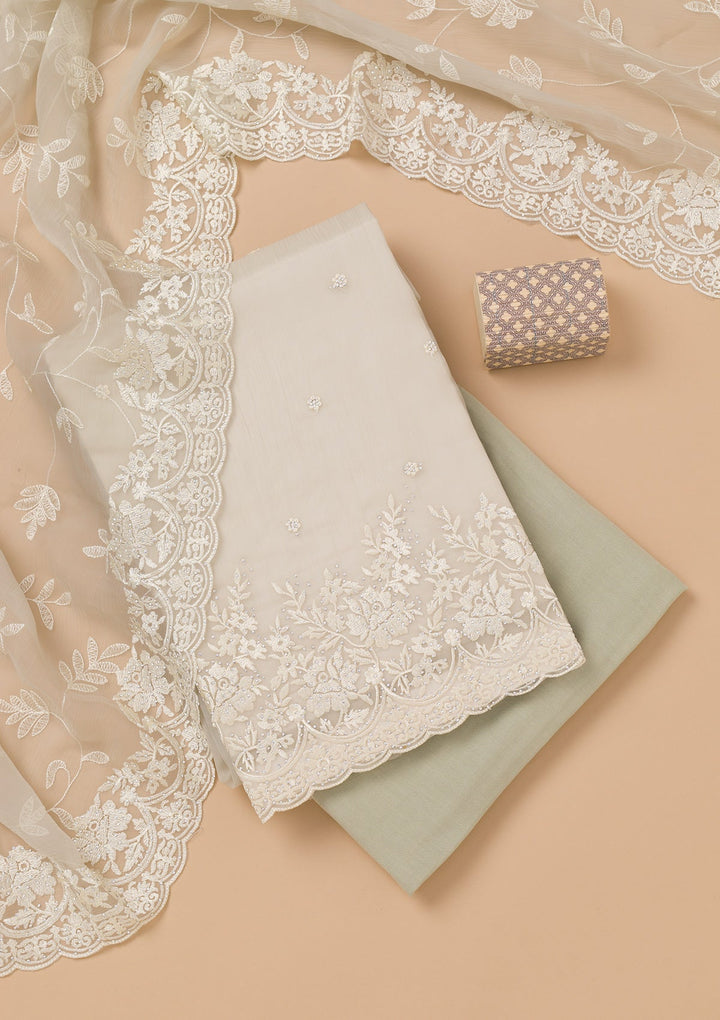 Pista Green Threadwork Chiffon Unstitched Salwar Kameez-Koskii