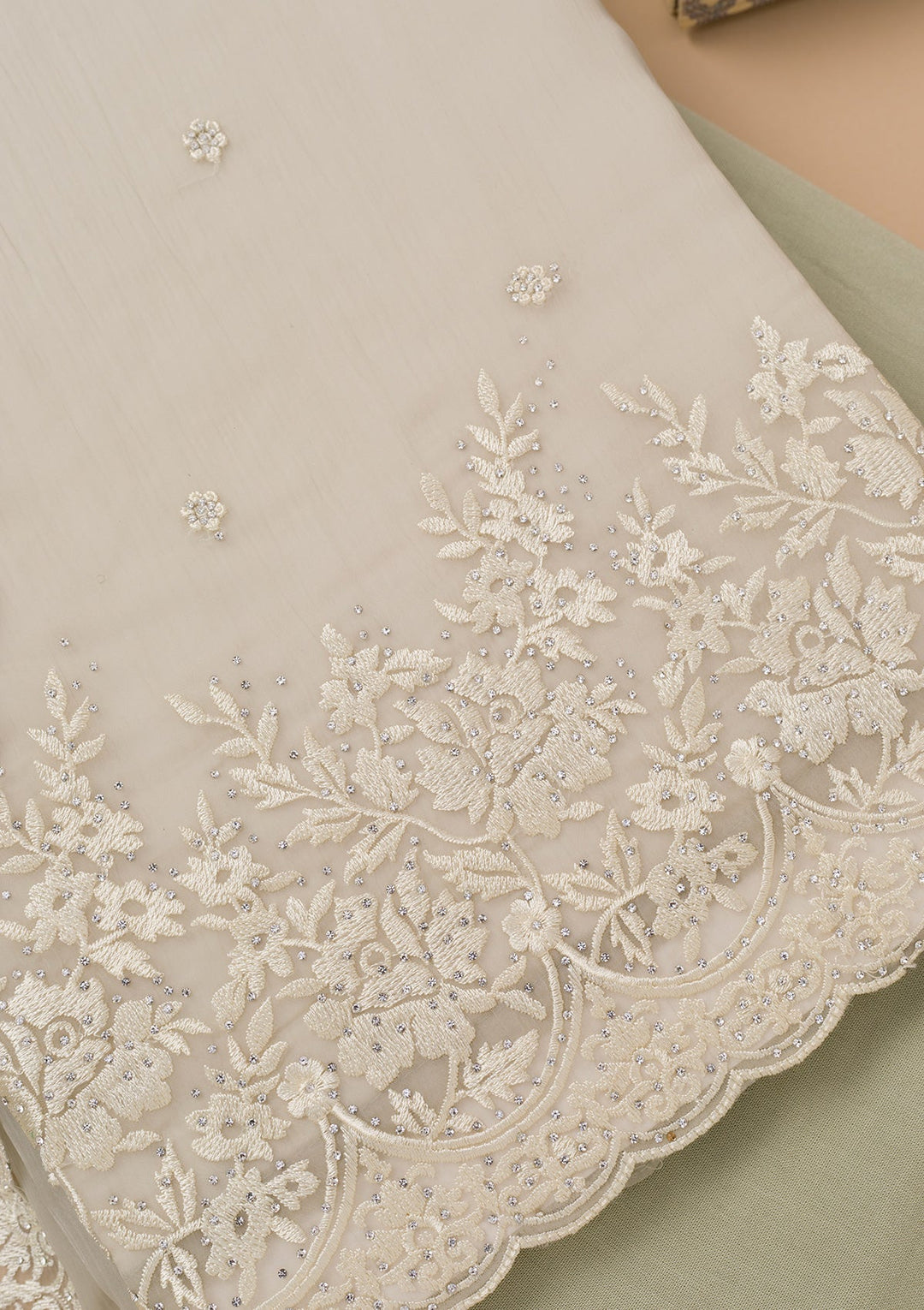 Pista Green Threadwork Chiffon Unstitched Salwar Kameez-Koskii