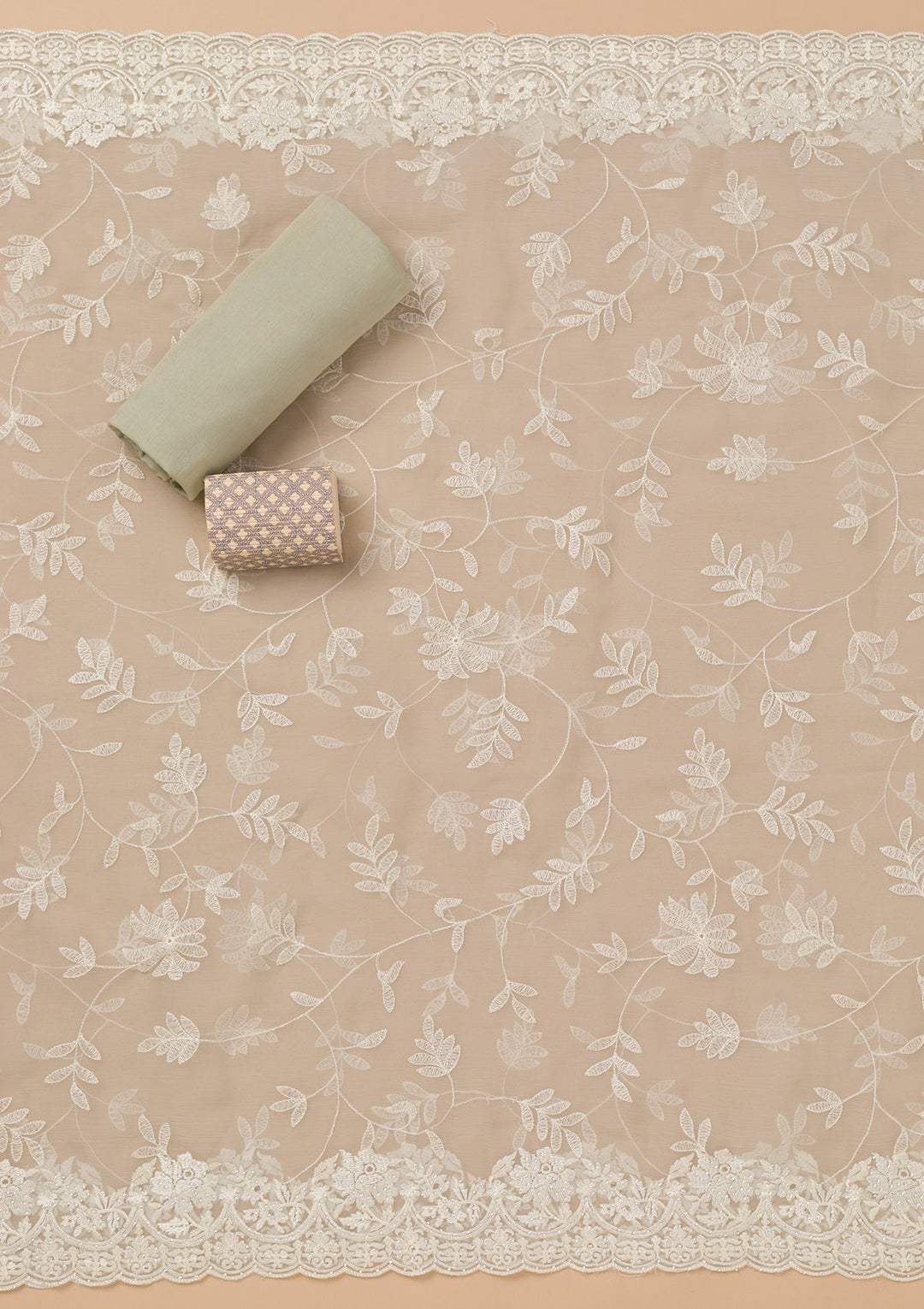 Pista Green Threadwork Chiffon Unstitched Salwar Kameez-Koskii