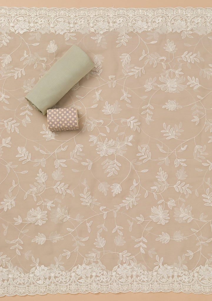 Pista Green Threadwork Chiffon Unstitched Salwar Kameez-Koskii