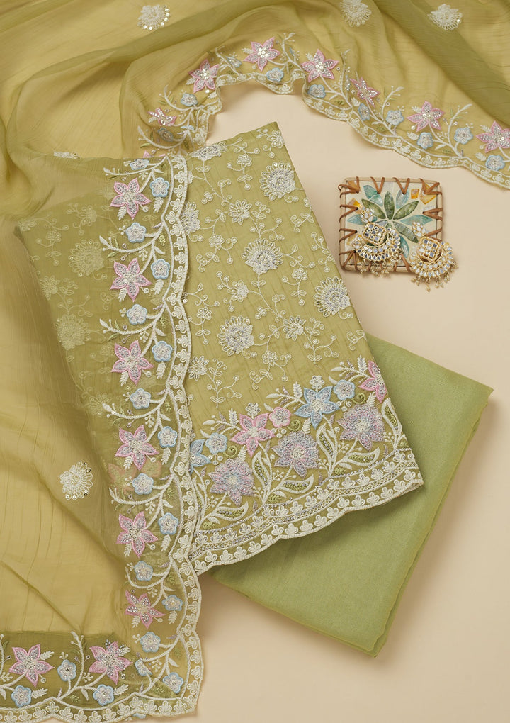 Pista Green Threadwork Chiffon Unstitched Salwar Suit-Koskii