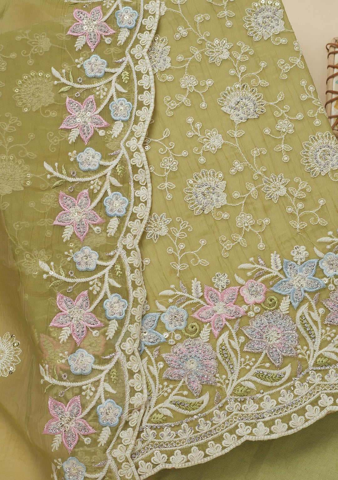 Pista Green Threadwork Chiffon Unstitched Salwar Suit-Koskii