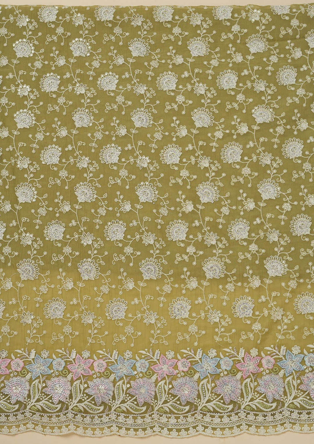 Pista Green Threadwork Chiffon Unstitched Salwar Suit-Koskii