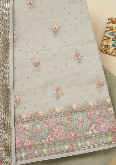 Pista Green Threadwork Chiffon Unstitched Salwar Suit-Koskii