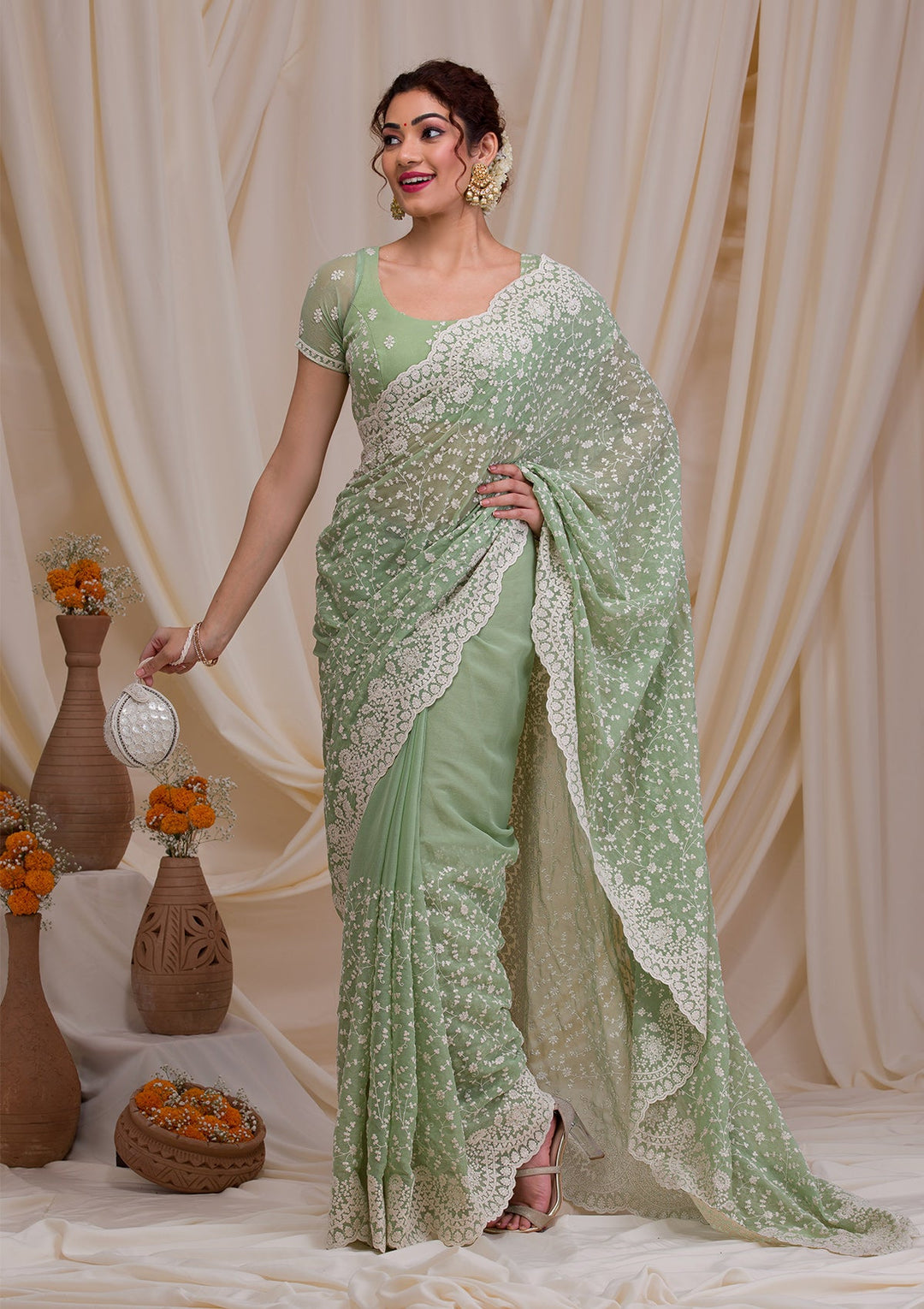 Pista Green Threadwork Chiffon Saree-Koskii
