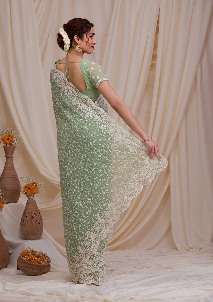 Pista Green Threadwork Chiffon Saree-Koskii
