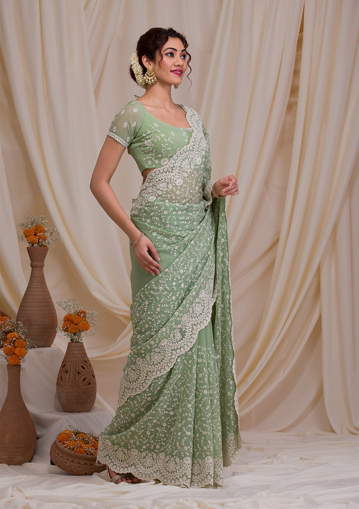 Pista Green Threadwork Chiffon Saree-Koskii