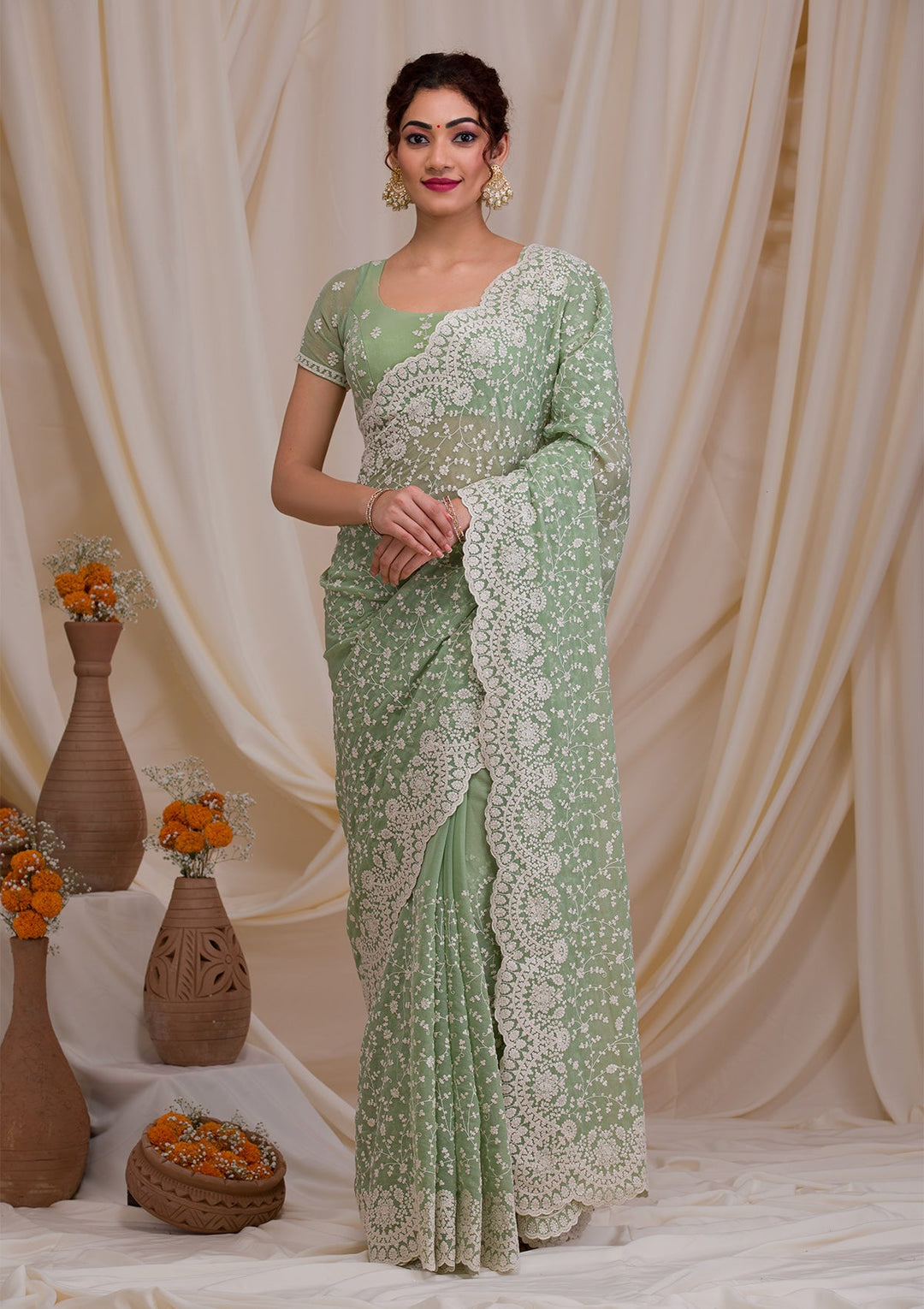 Pista Green Threadwork Chiffon Saree-Koskii