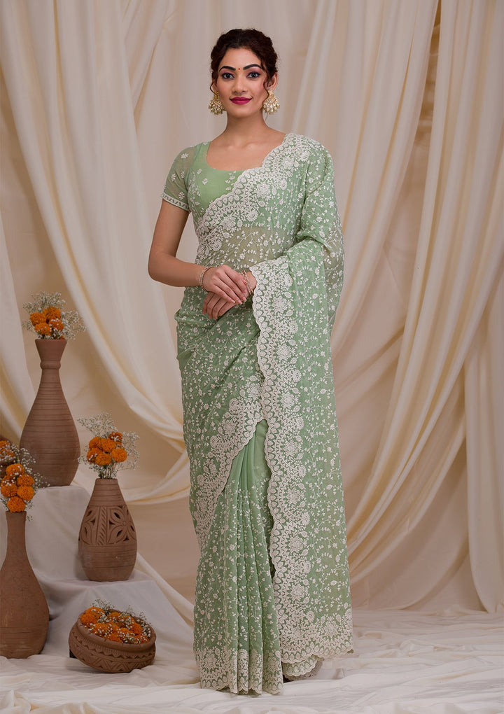 Pista Green Threadwork Chiffon Saree-Koskii