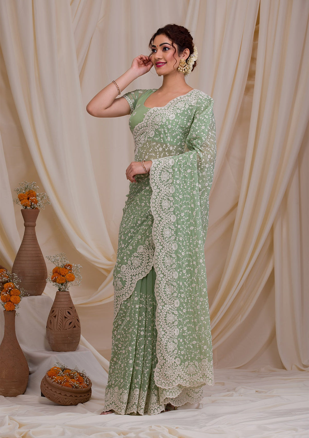 Pista Green Threadwork Chiffon Saree-Koskii