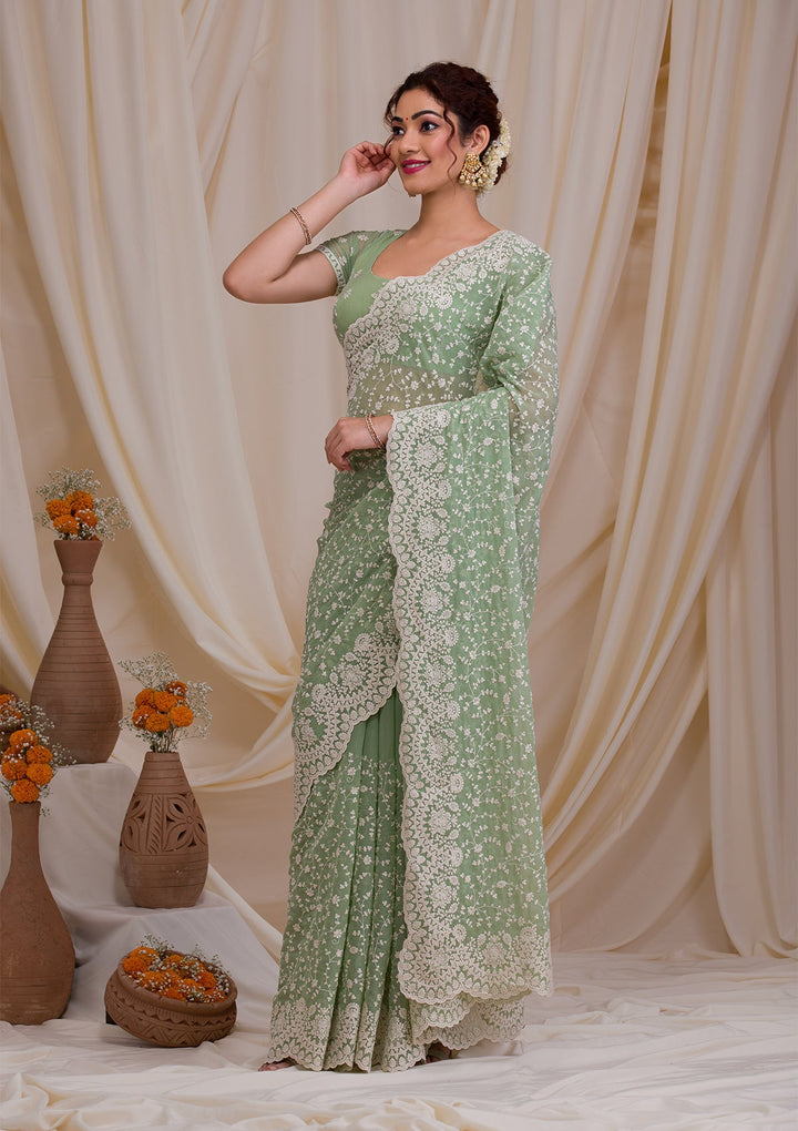 Pista Green Threadwork Chiffon Saree-Koskii