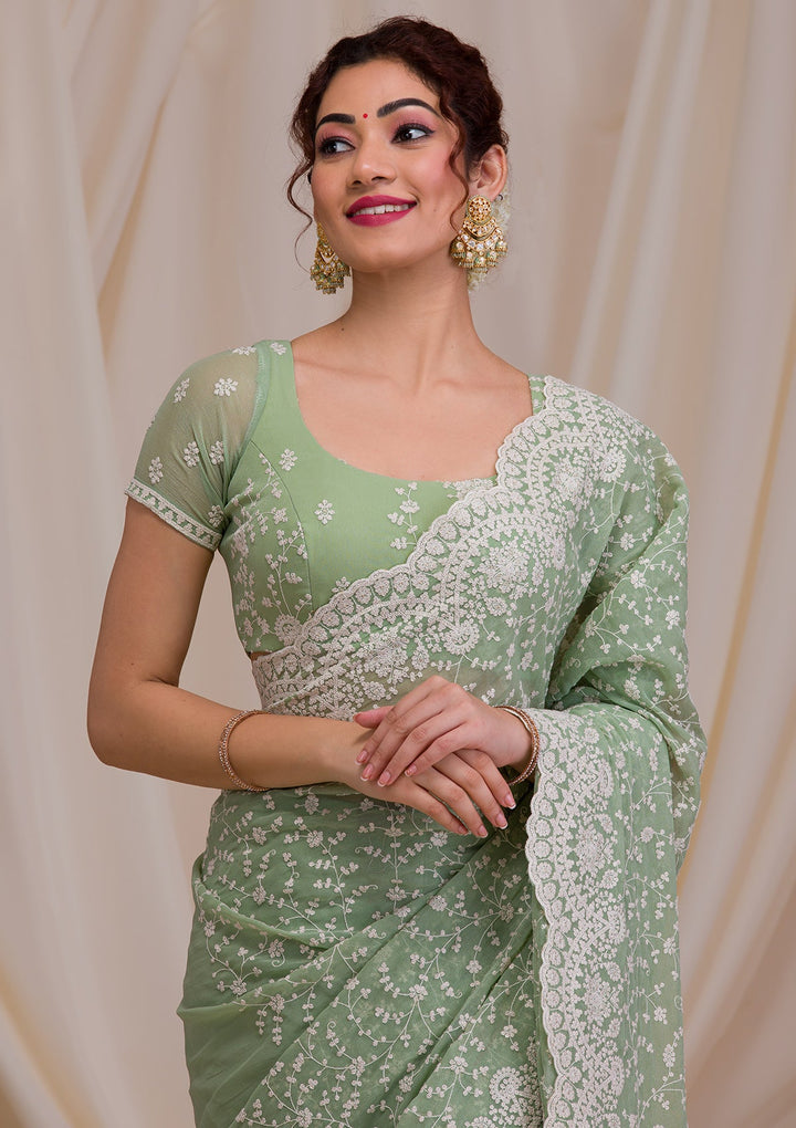 Pista Green Threadwork Chiffon Saree-Koskii