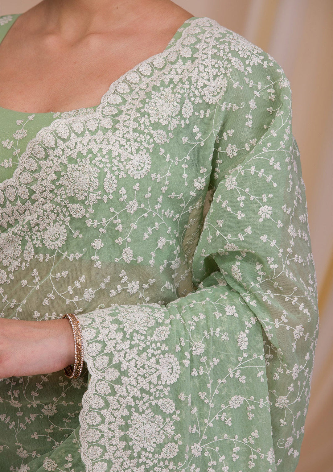 Pista Green Threadwork Chiffon Saree-Koskii