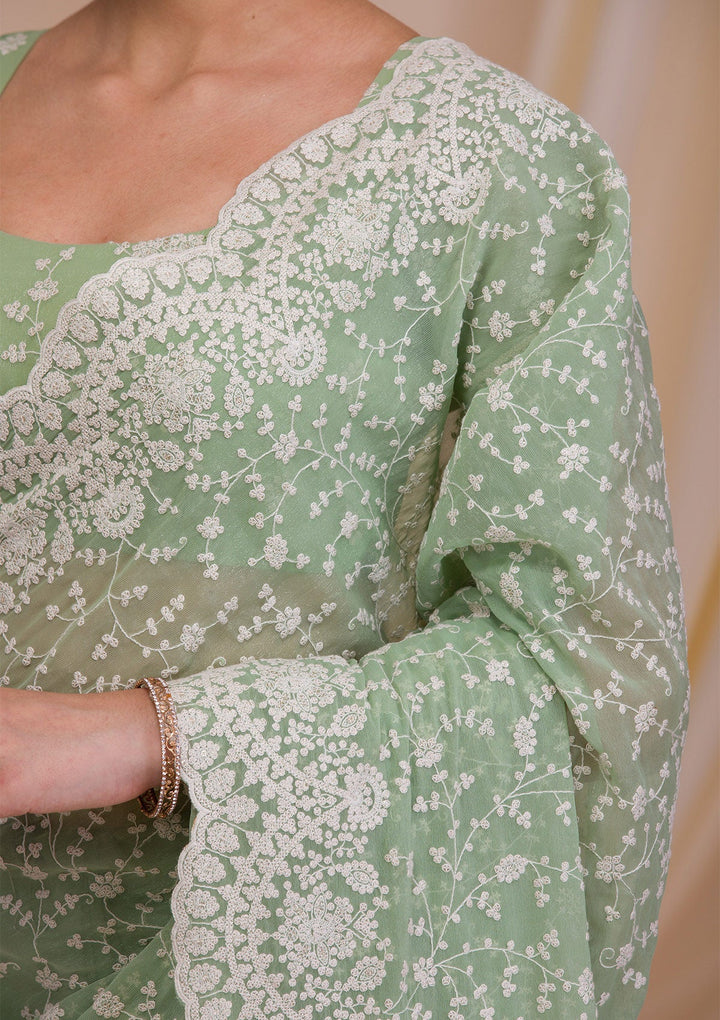 Pista Green Threadwork Chiffon Saree-Koskii
