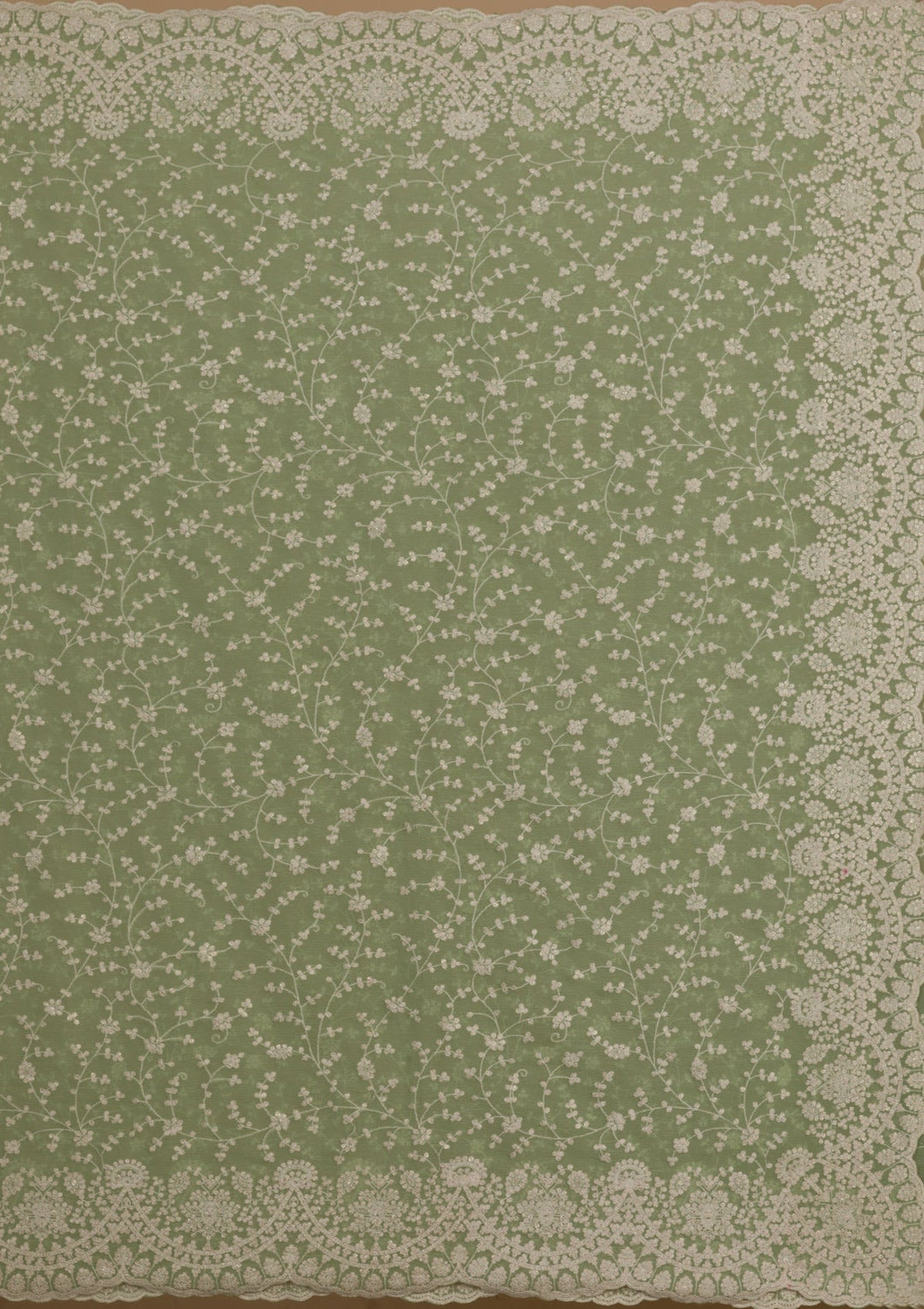 Pista Green Threadwork Chiffon Saree-Koskii