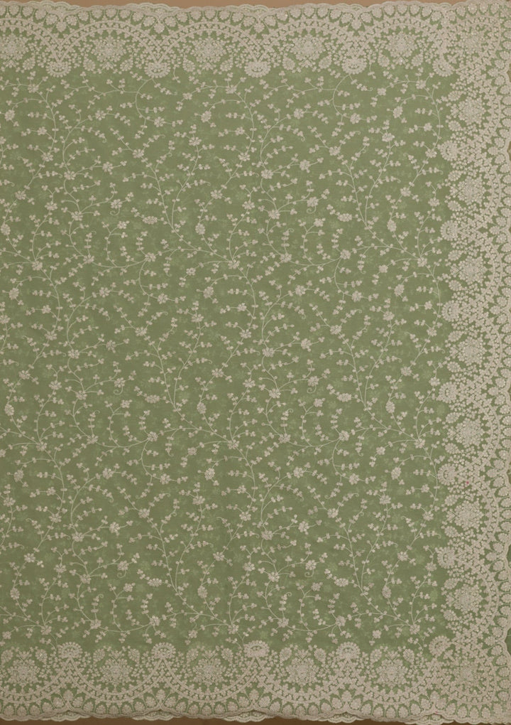 Pista Green Threadwork Chiffon Saree-Koskii