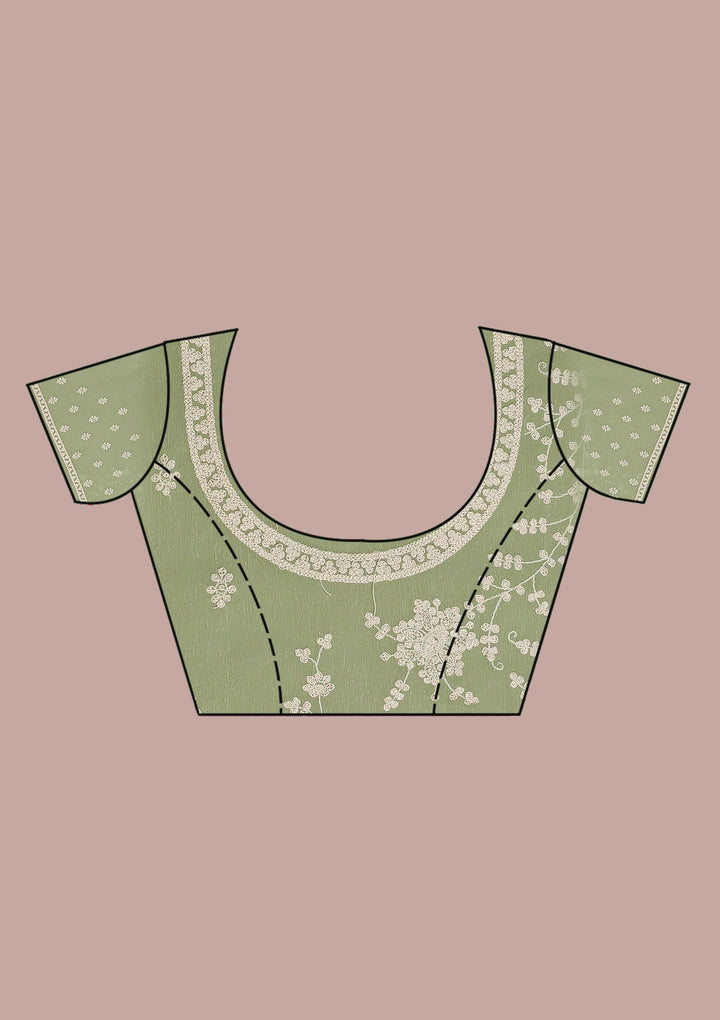 Pista Green Threadwork Chiffon Saree-Koskii