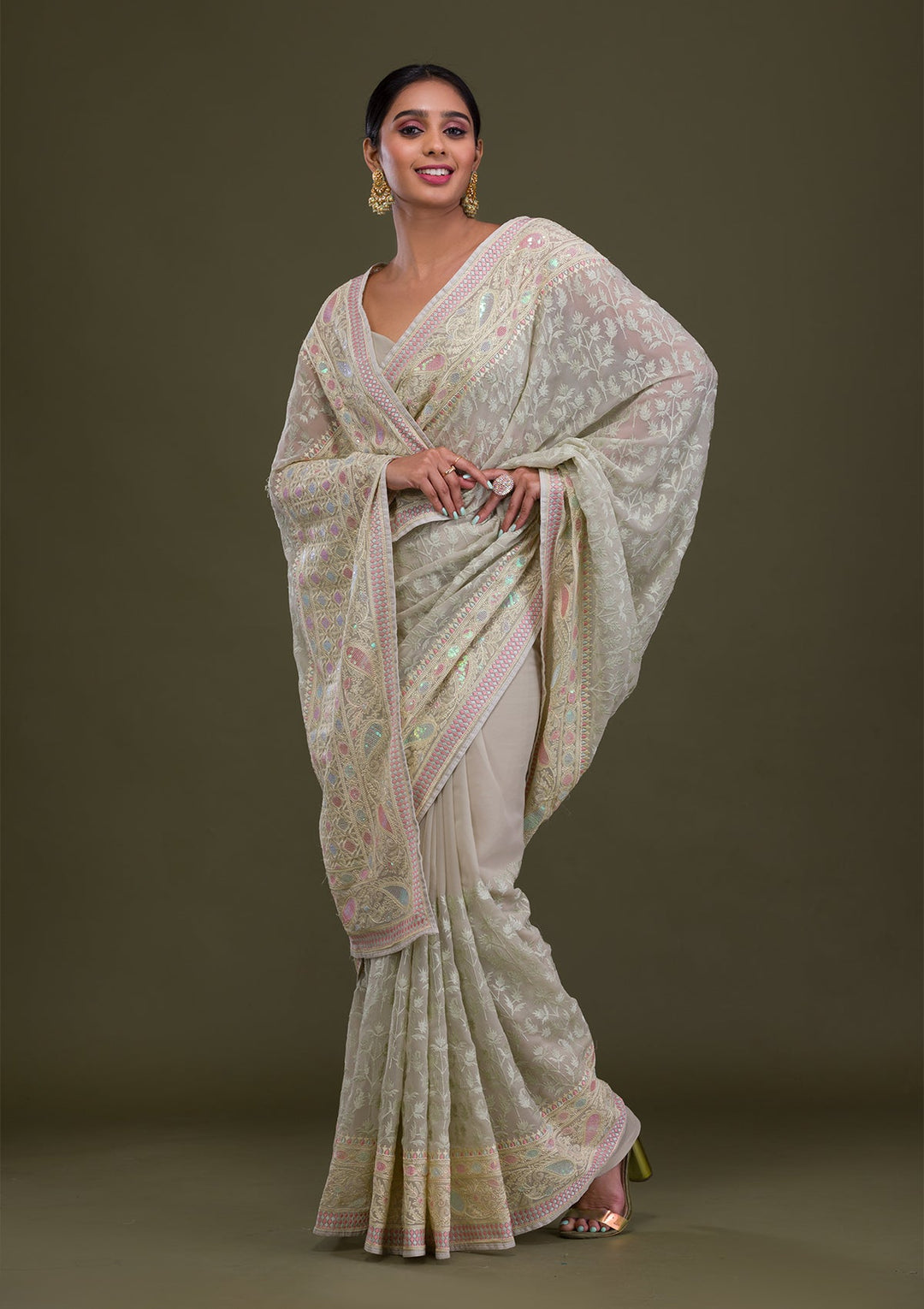 Pista Green Threadwork Chiffon Saree-Koskii