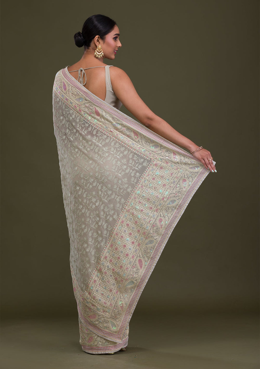 Pista Green Threadwork Chiffon Saree-Koskii