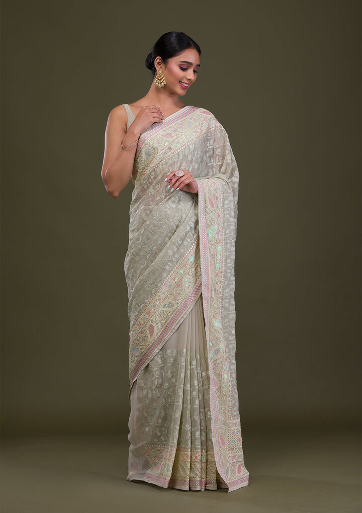Pista Green Threadwork Chiffon Saree-Koskii