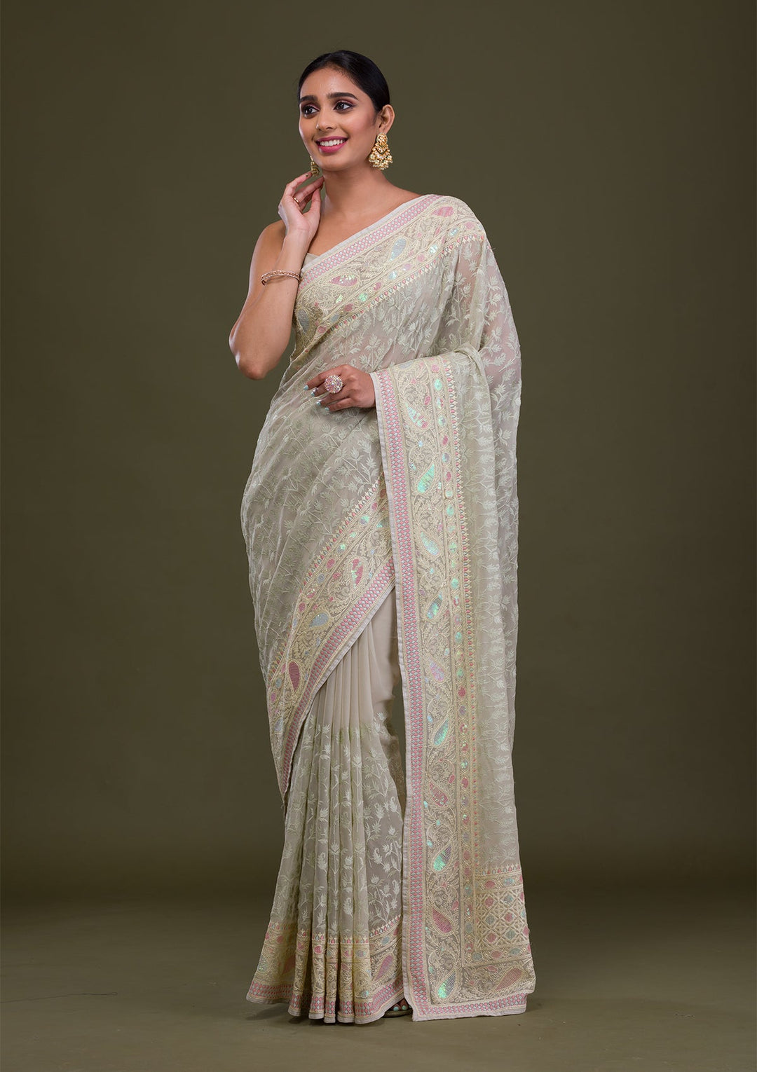 Pista Green Threadwork Chiffon Saree-Koskii