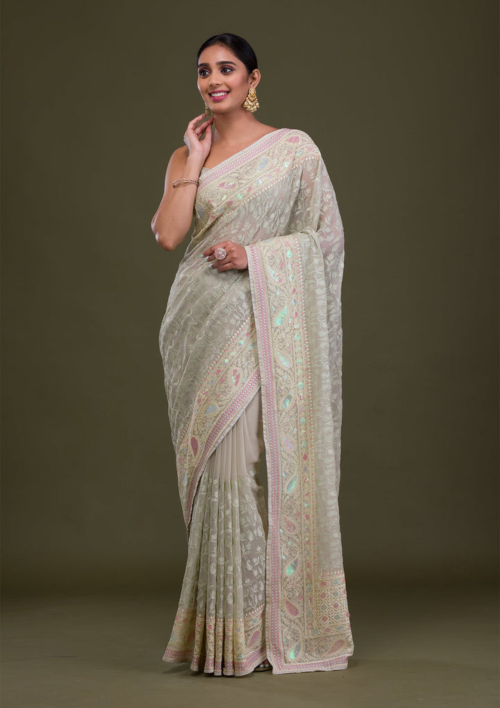 Pista Green Threadwork Chiffon Saree-Koskii