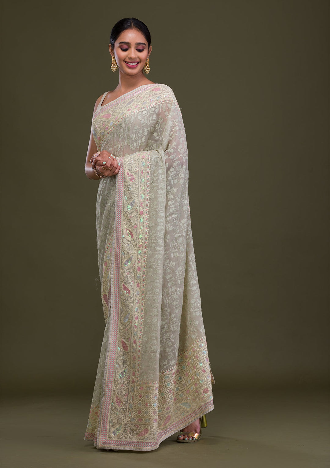 Pista Green Threadwork Chiffon Saree-Koskii