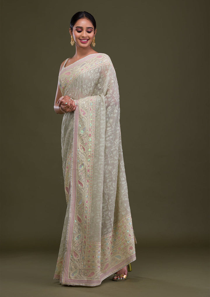 Pista Green Threadwork Chiffon Saree-Koskii