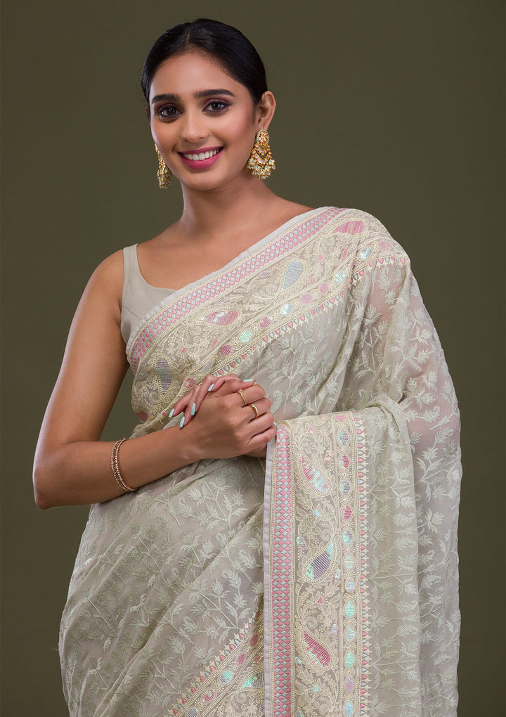 Pista Green Threadwork Chiffon Saree-Koskii