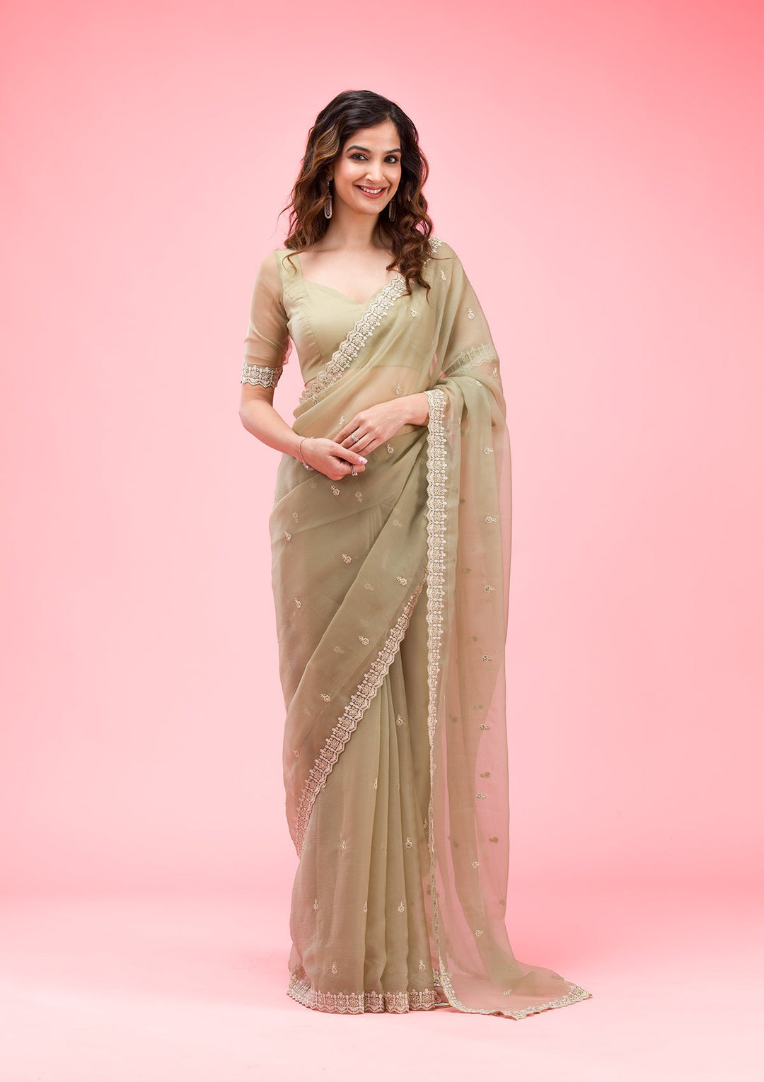 Pista Green Threadwork Chiffon Saree-Koskii