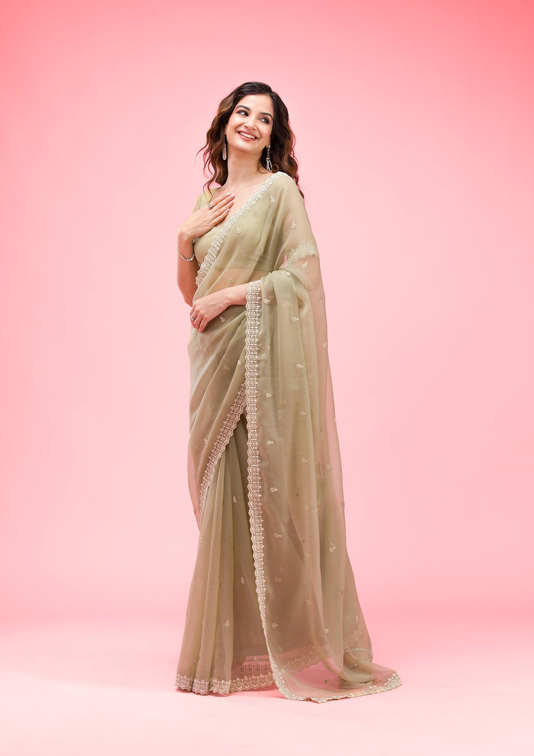 Pista Green Threadwork Chiffon Saree-Koskii
