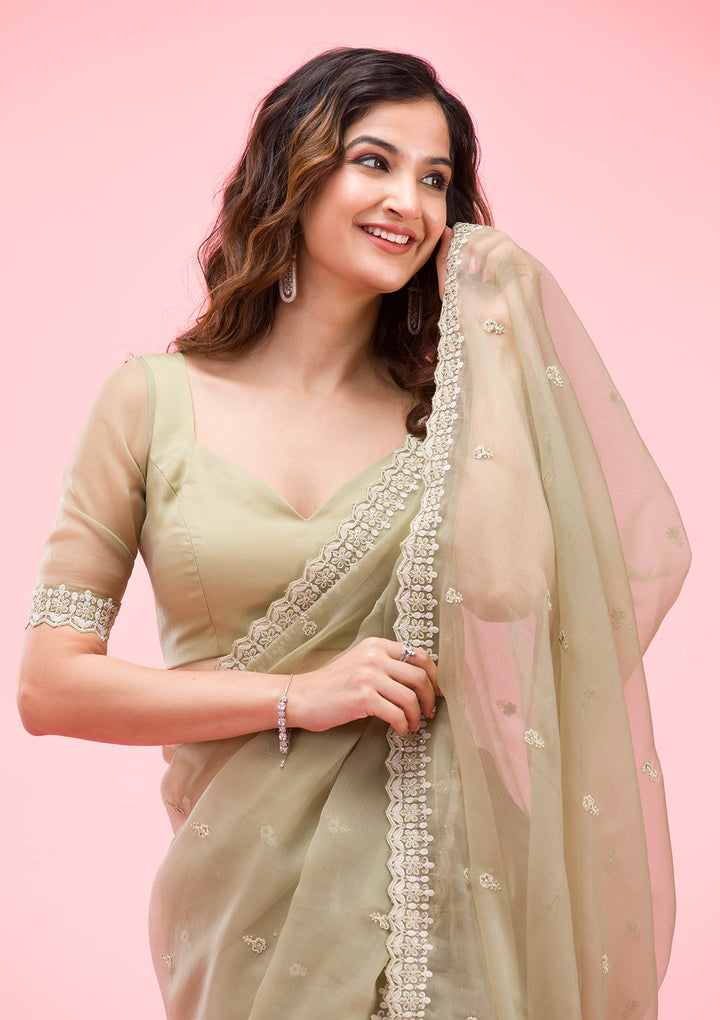 Pista Green Threadwork Chiffon Saree-Koskii
