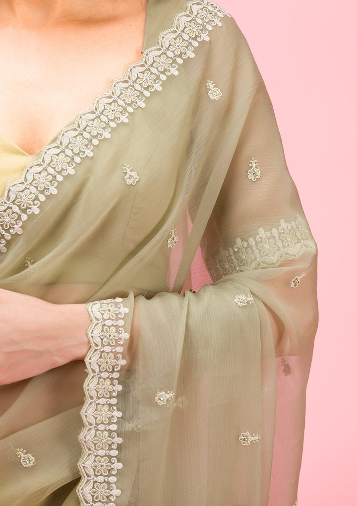 Pista Green Threadwork Chiffon Saree-Koskii