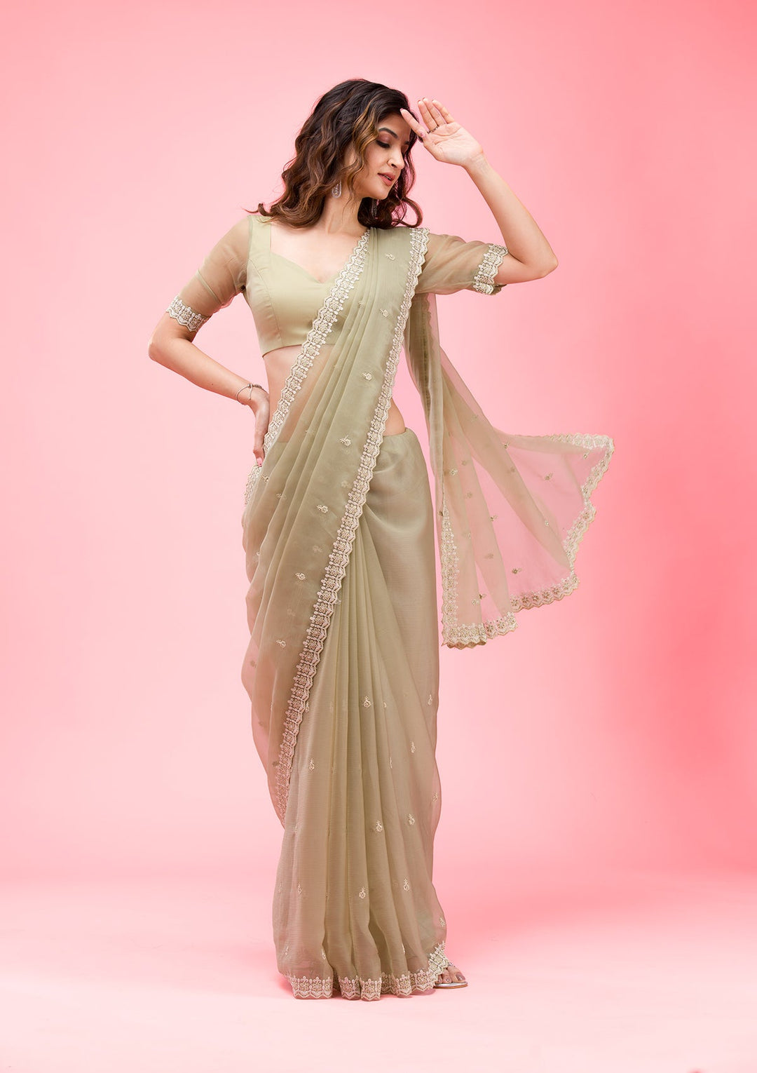 Pista Green Threadwork Chiffon Saree-Koskii