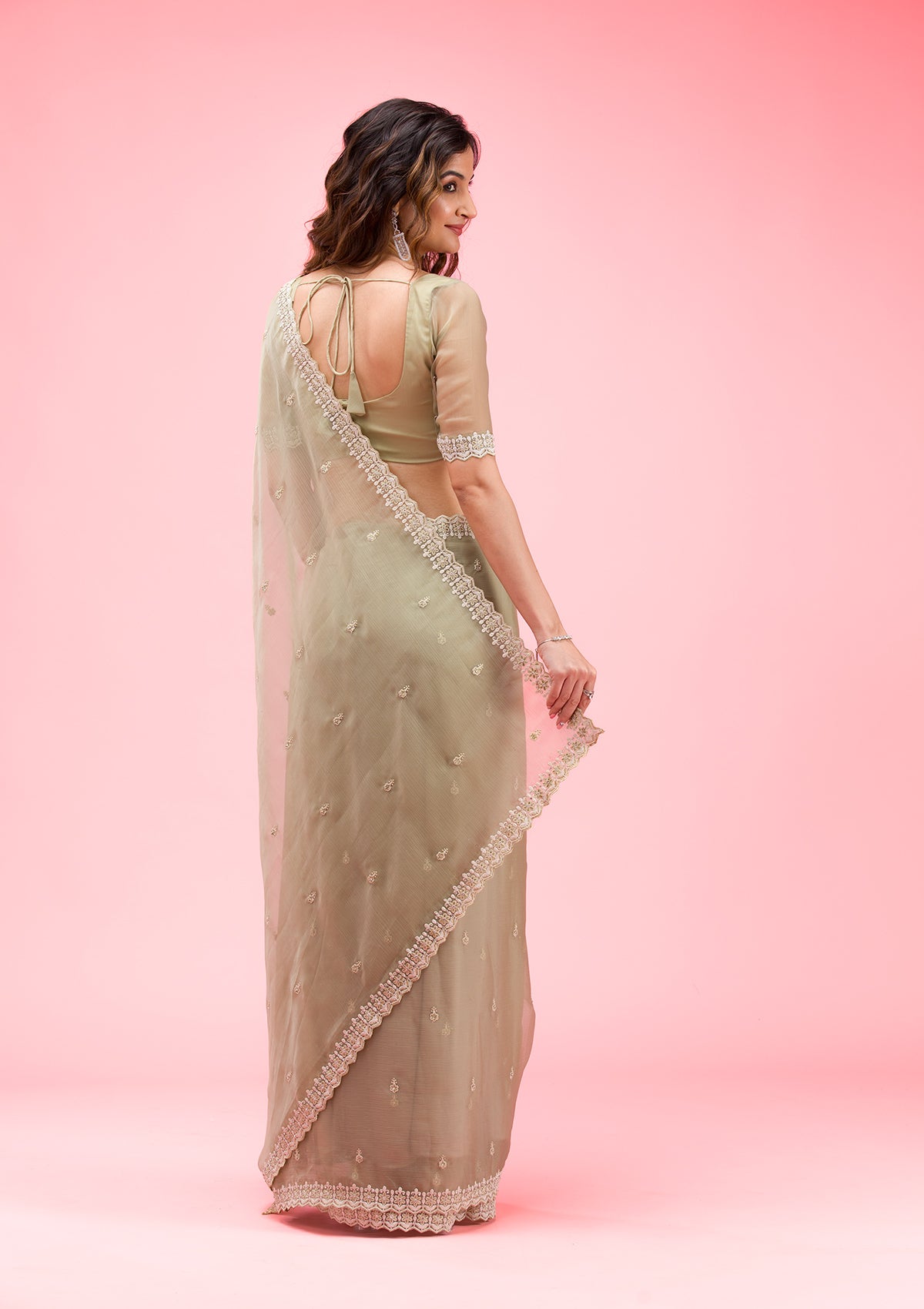 Pista Green Threadwork Chiffon Saree-Koskii