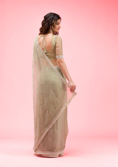 Pista Green Threadwork Chiffon Saree-Koskii