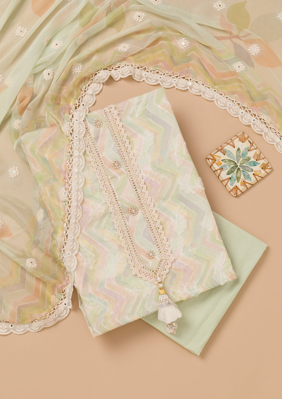 Pista Green Threadwork Cotton Unstitched Salwar Kameez-Koskii