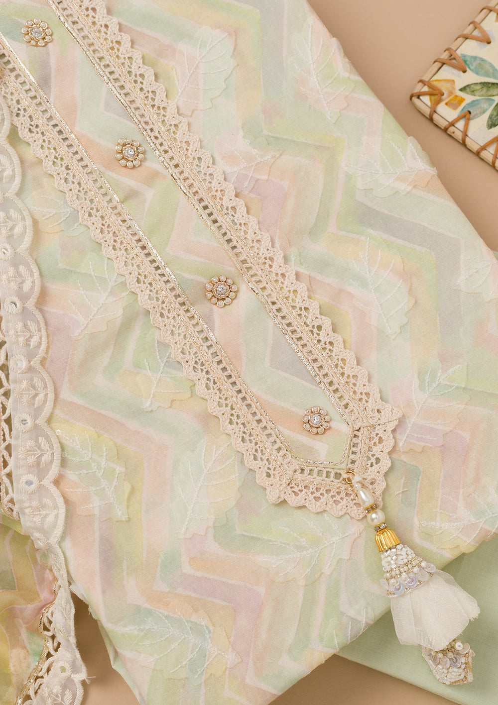 Pista Green Threadwork Cotton Unstitched Salwar Kameez-Koskii