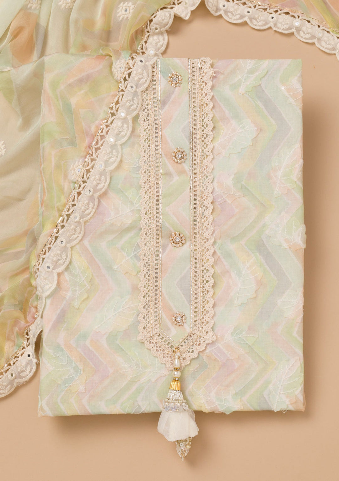 Pista Green Threadwork Cotton Unstitched Salwar Kameez-Koskii