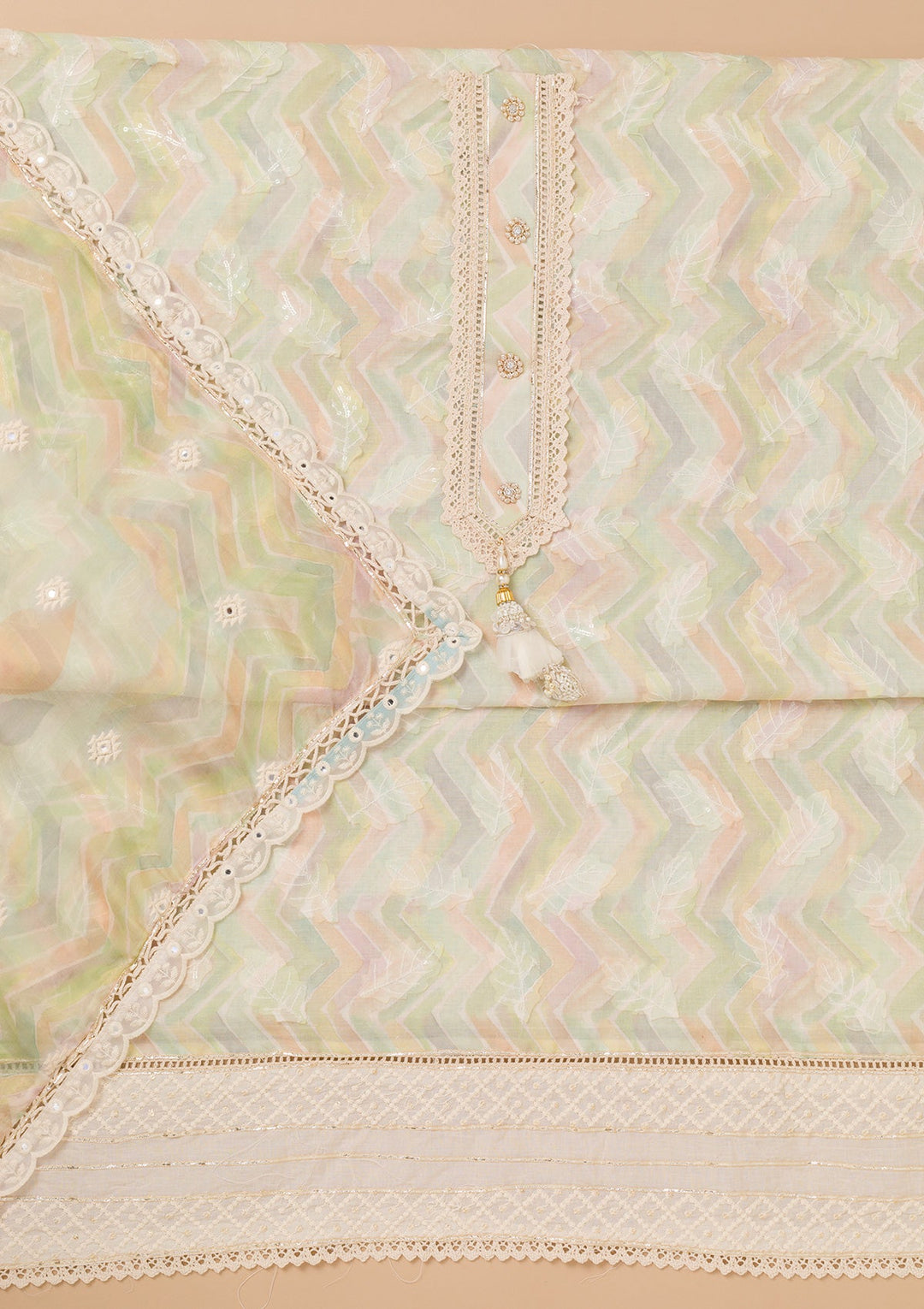 Pista Green Threadwork Cotton Unstitched Salwar Kameez-Koskii