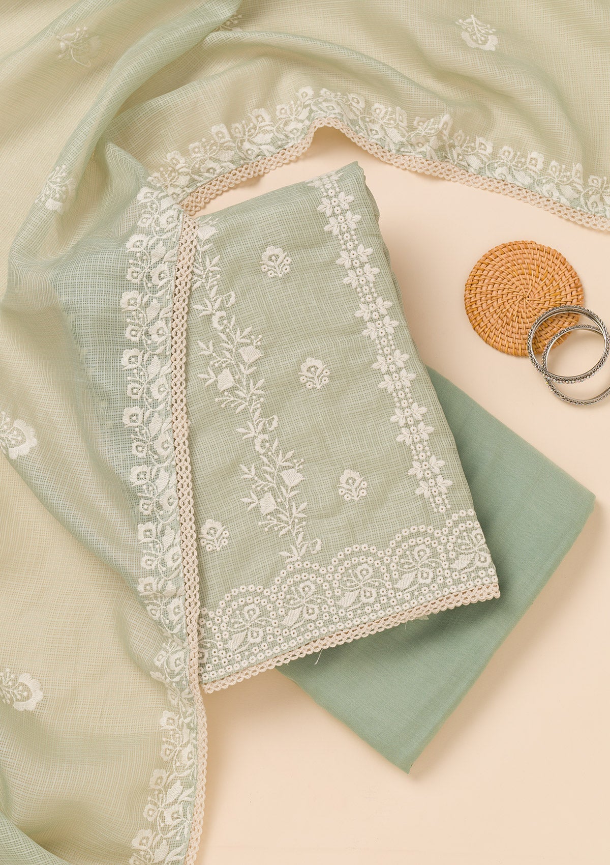 Pista Green Threadwork Cotton Blend Unstitched Salwar Suit-Koskii