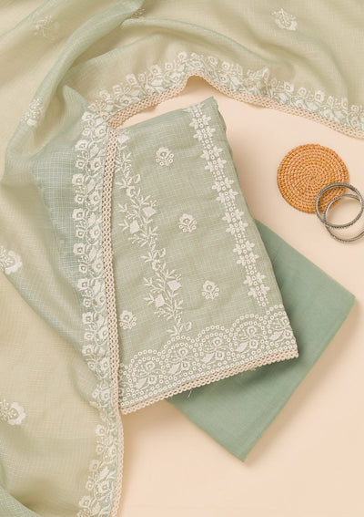 Pista Green Threadwork Cotton Blend Unstitched Salwar Suit-Koskii