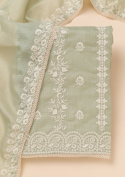 Pista Green Threadwork Cotton Blend Unstitched Salwar Suit-Koskii