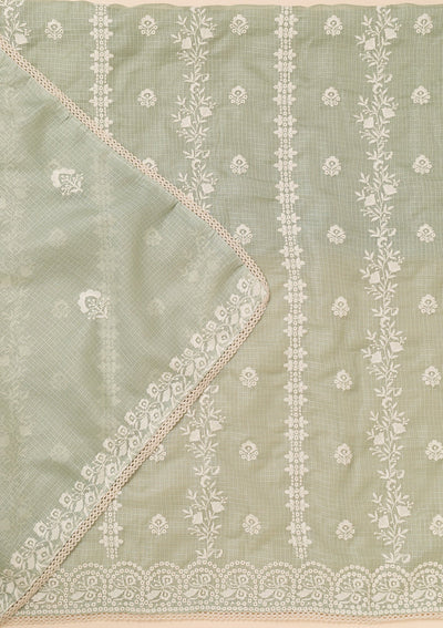 Pista Green Threadwork Cotton Blend Unstitched Salwar Suit-Koskii