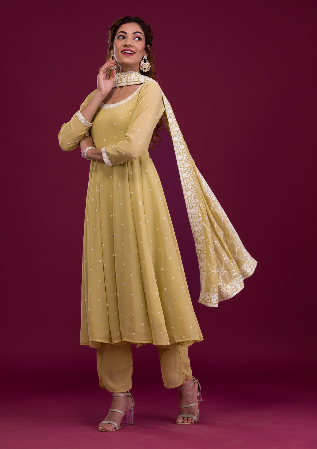 Pista Green Threadwork Georgette Readymade Salwar Kameez-Koskii